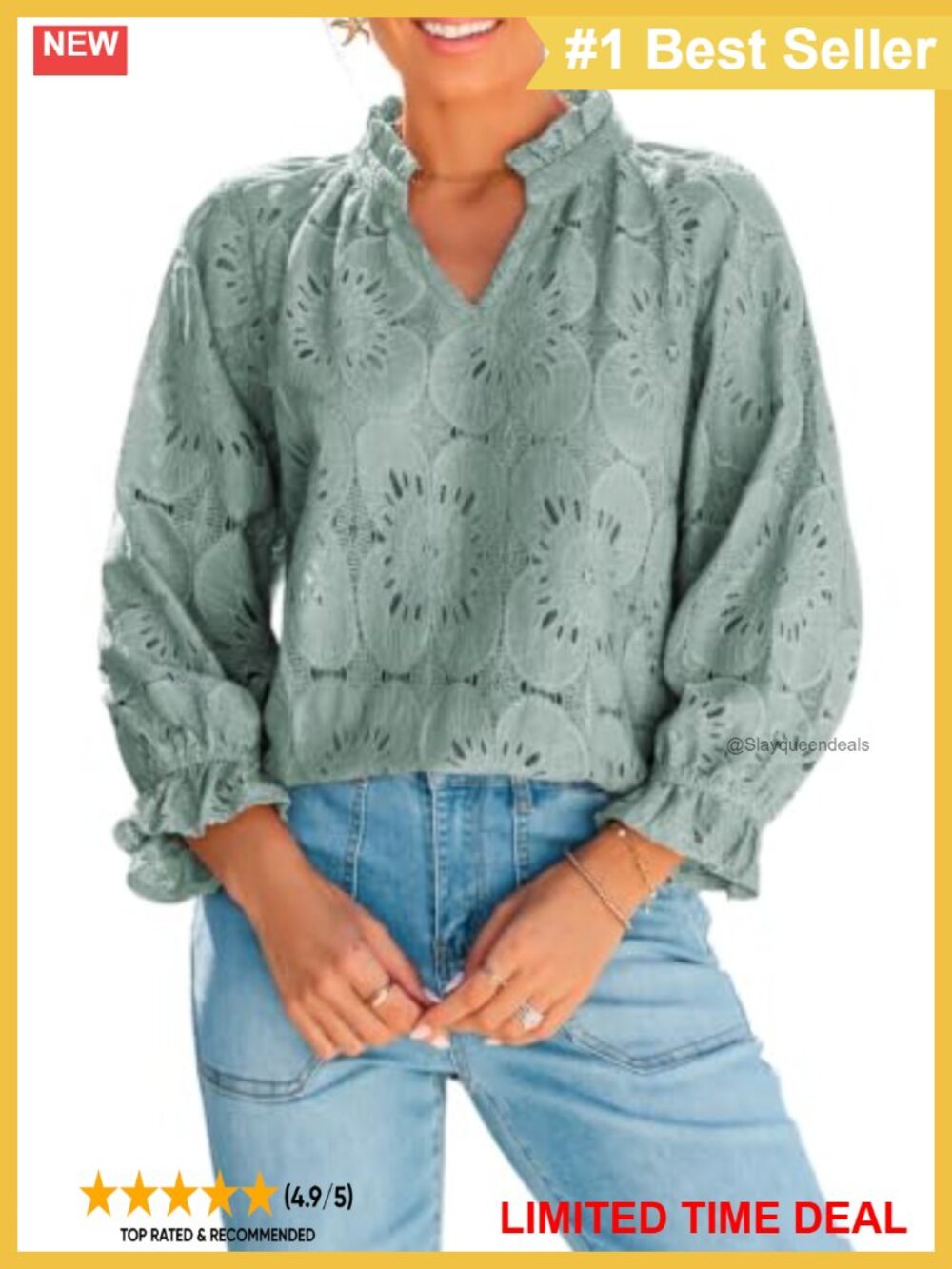 Eyelet Lace Blouse V-Neck 3/4 Sleeve Ruffle Casual Work Top